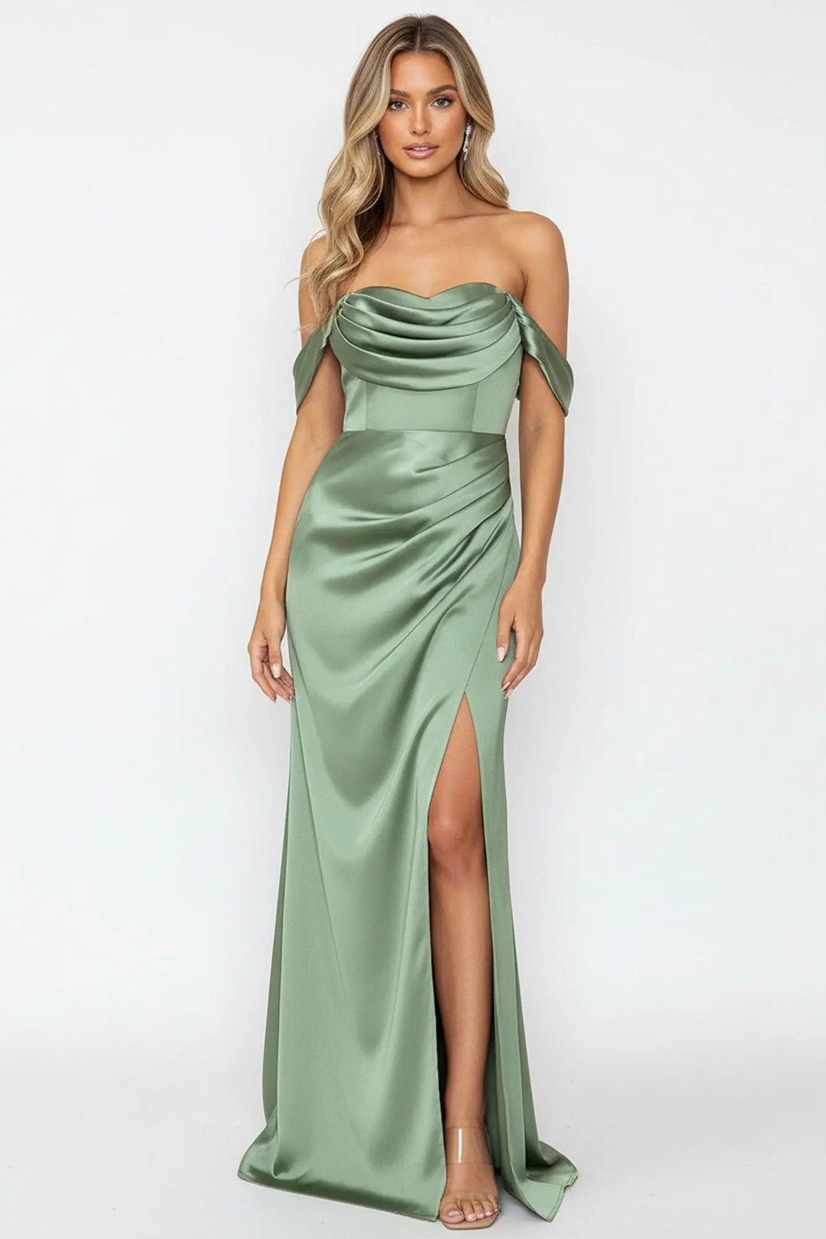 Silken Starlet Off Shoulder Satin Maxi Dress Olive