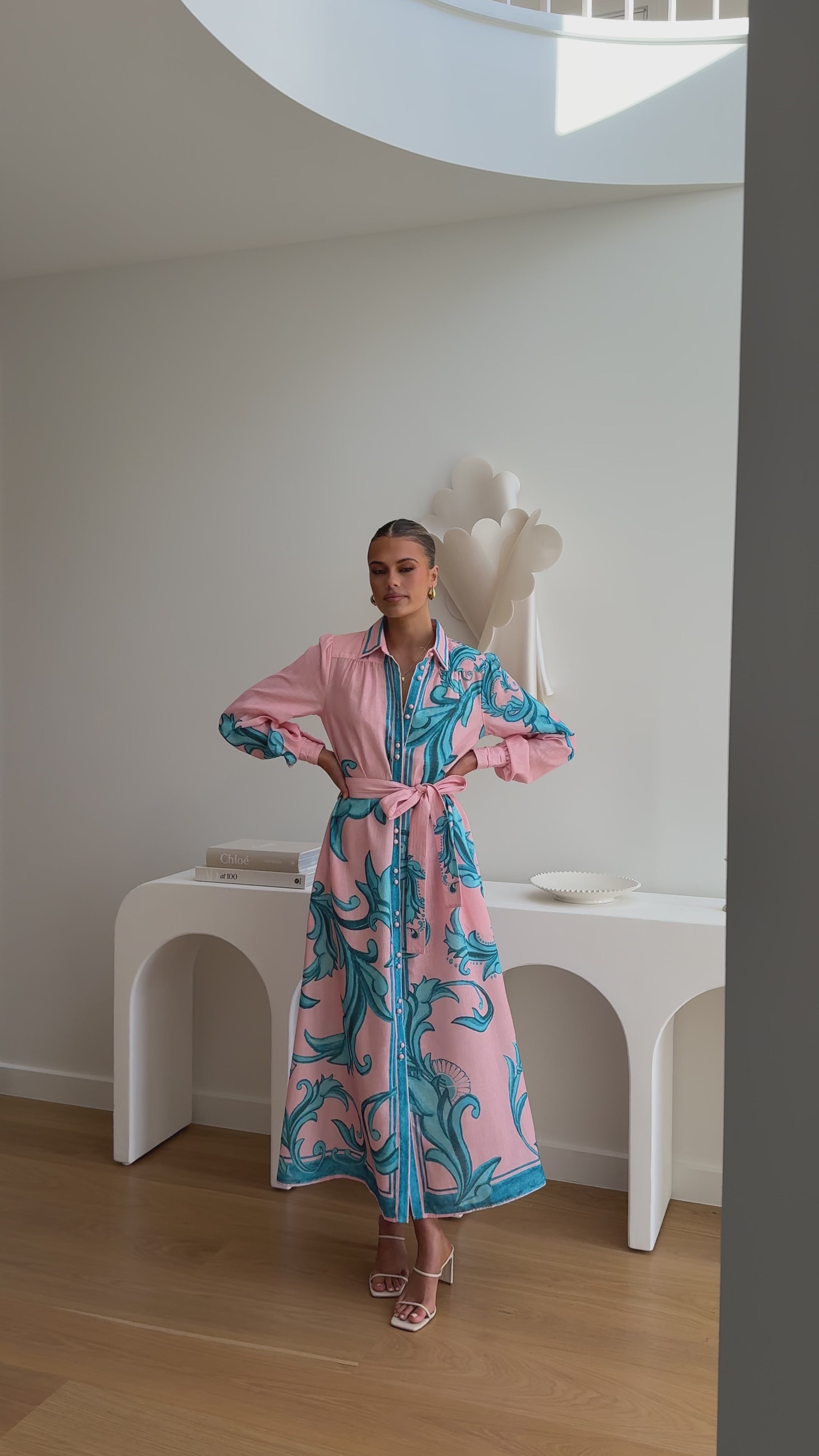Lucia Long Sleeve Maxi Dress - Aqua/Pink Print